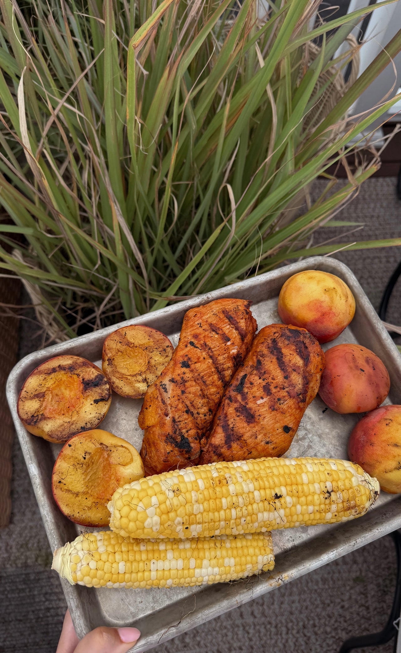 Mary Klein's Grilled Sriracha Half Loin with Peach, Corn, and Arugula Salad