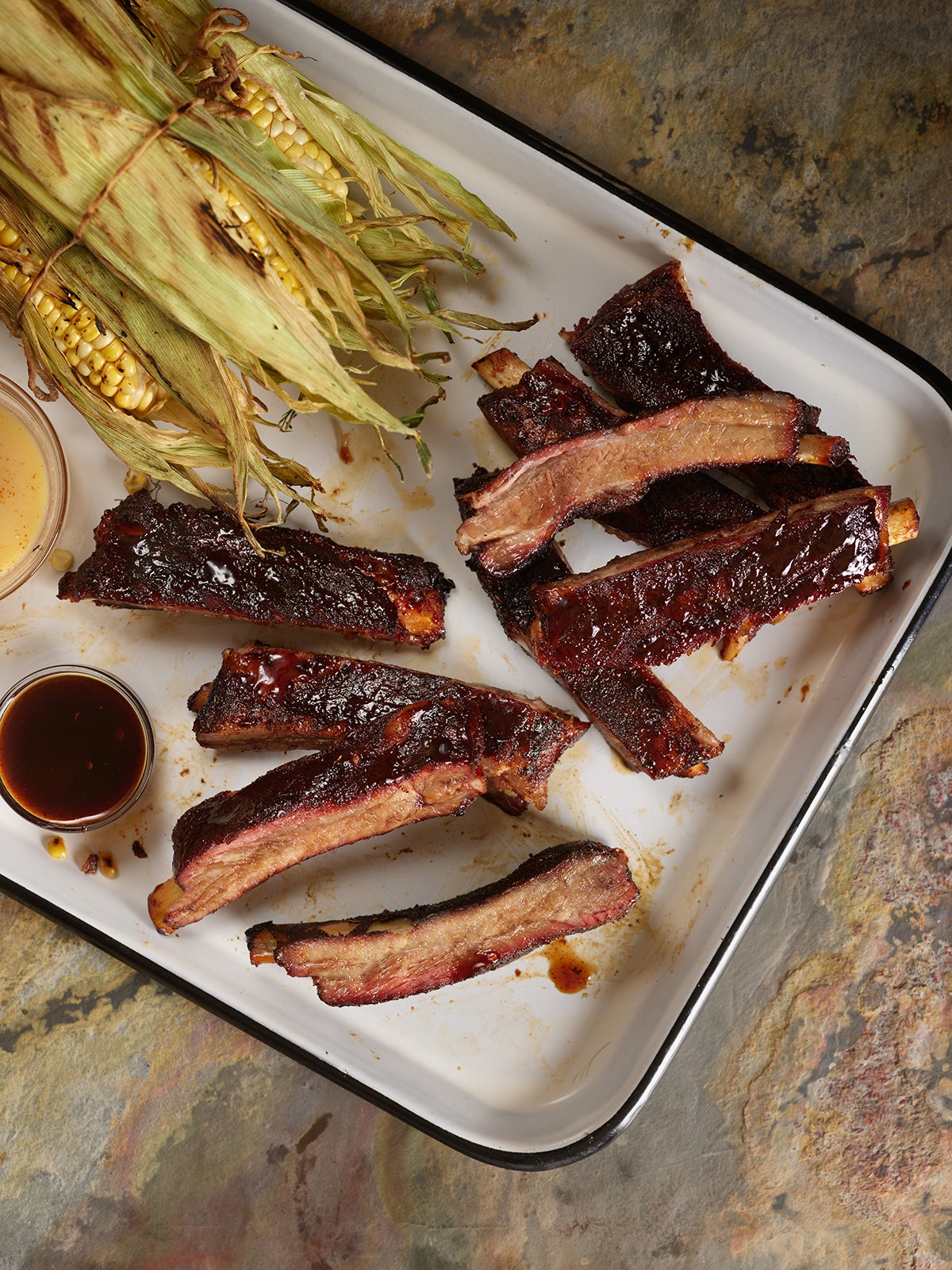 Grilled Ribs with BBQ Rub and Grilled Corn in Husk