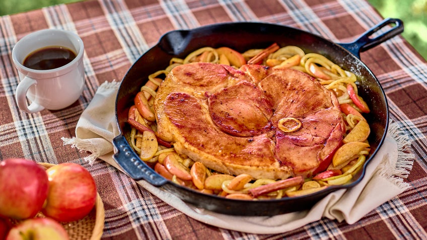 Iron Skillet Apple Crisp Glazed Bone-In Ham Steaks 