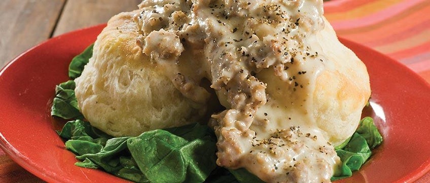 Old Fashion Buttermilk Biscuits with Sausage and Black Pepper Gravy