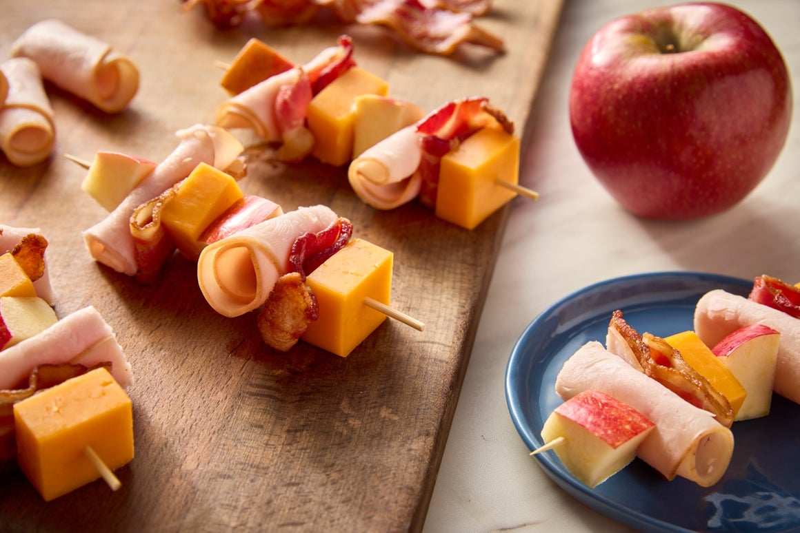 Turkey, Apple, Bacon + Cheddar Kabobs