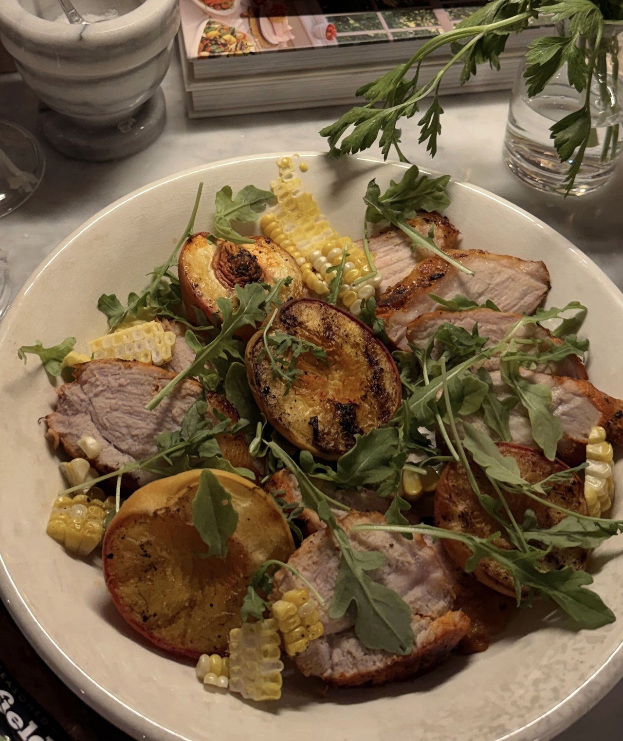 Mary Klein's Grilled Sriracha Half Loin with Peach, Corn, and Arugula Salad