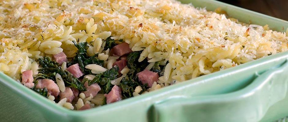 One Dish Baked Orzo with Spinach, Ham and Feta Cheese