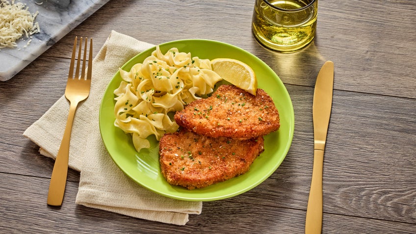 Parmesan Crusted Boneless Smoked Pork Chops with Buttered Egg Noodles 