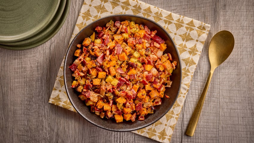 Air Fryer Apple, Sweet Potato and Bacon Hash 