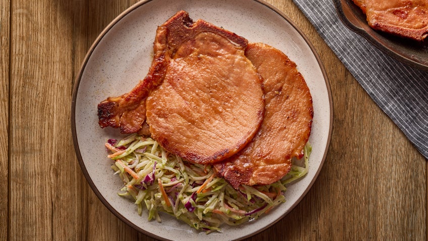 Glazed BBQ Hickory Smoked Bone-In Pork Chop with Broccoli Slaw