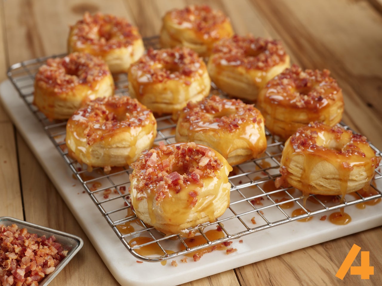 Air Fryer Donuts with Caramel Glaze and Bacon Sprinkles