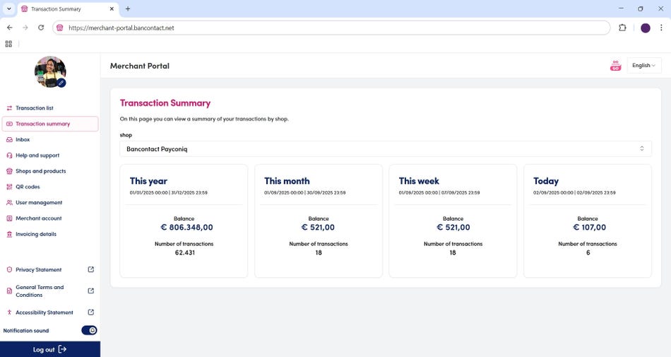 Transaction summary in the merchant portal