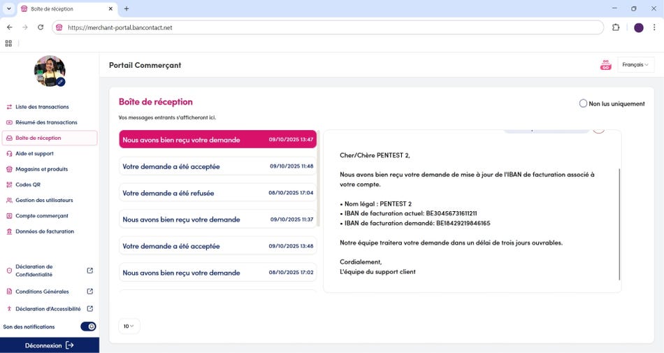 Boîte de réception dans le portail de commerçant