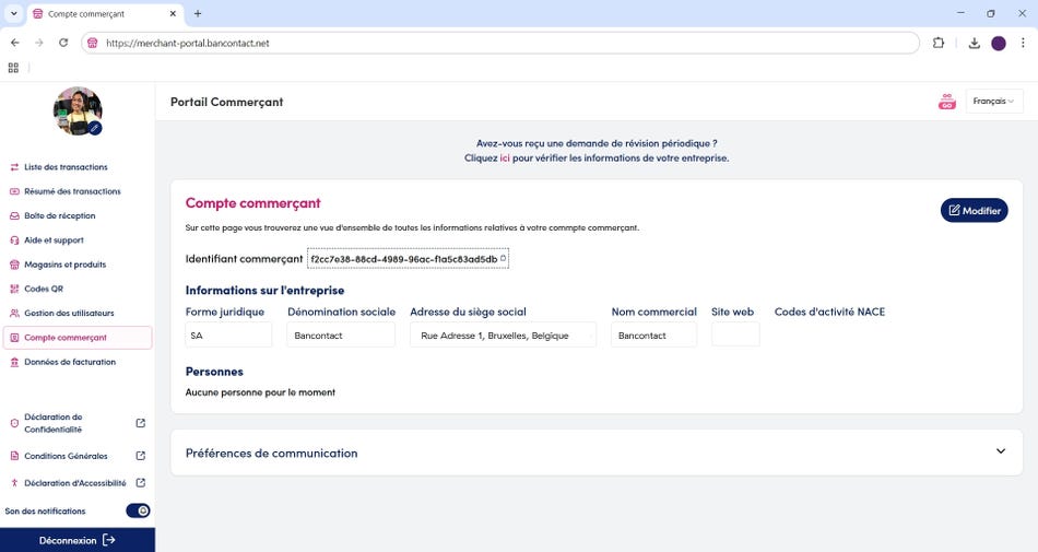 Section du compte commerçant dans le portail commerçant
