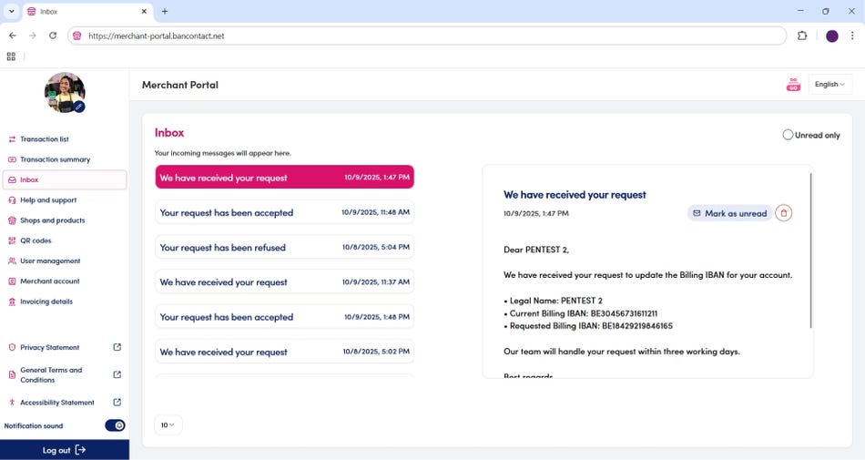Inbox in the merchant portal