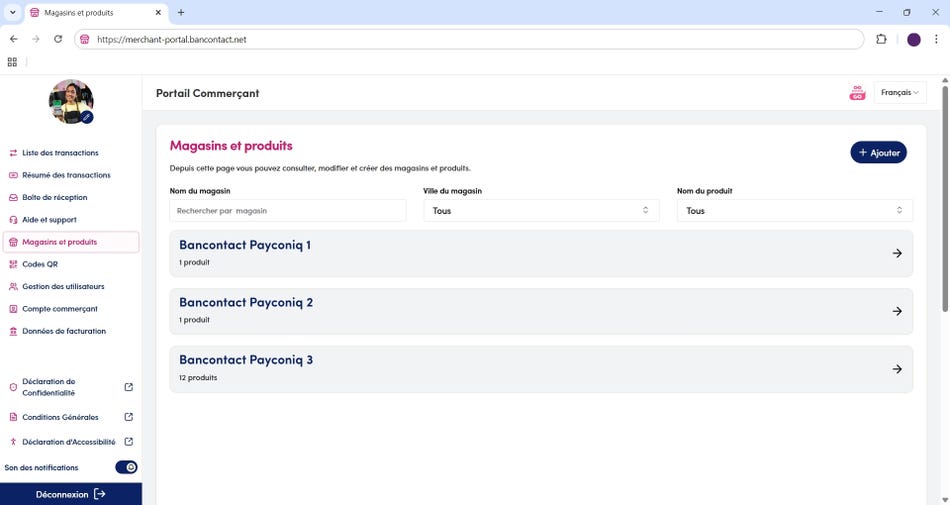 Section boutique et produits dans le portail commerçant
