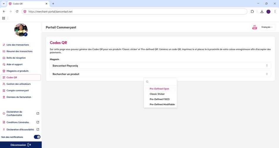 QR codes section in the merchant portal