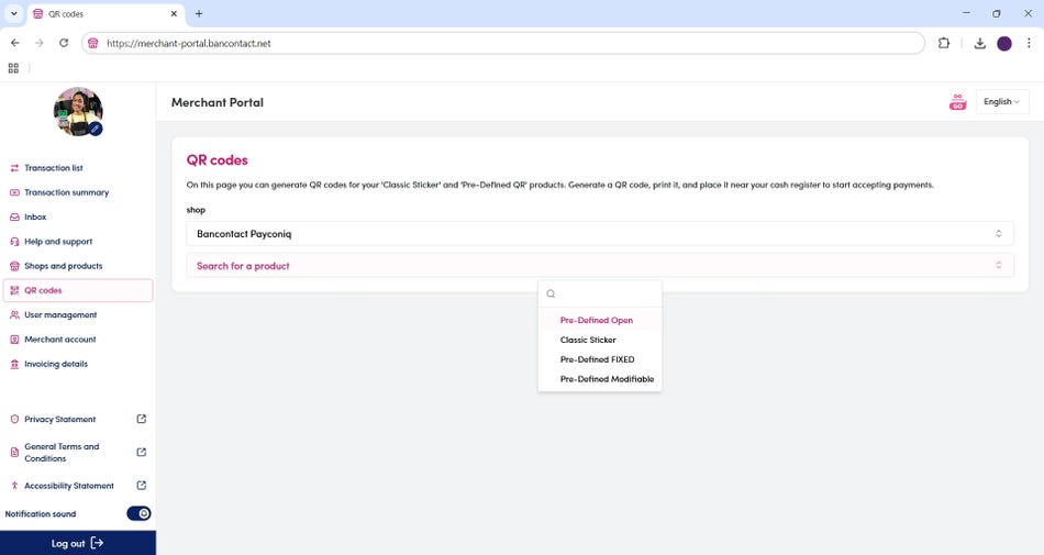 Section des codes QR dans le portail des commerçants