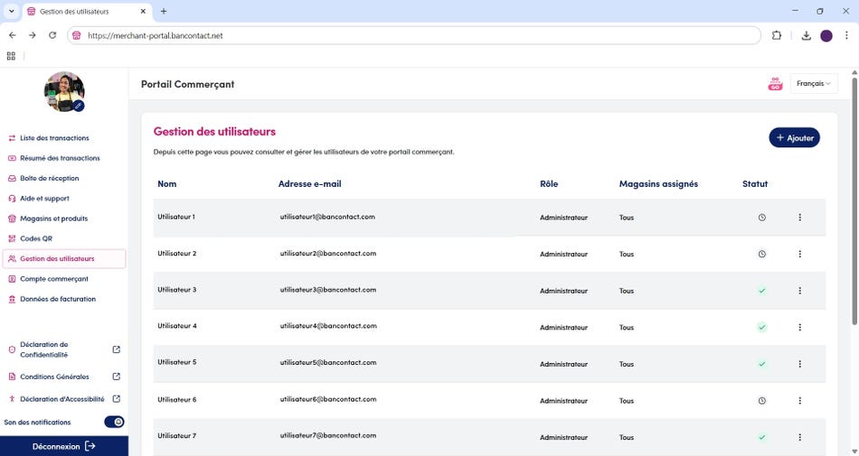 Section de gestion des utilisateurs dans le portail des commerçants