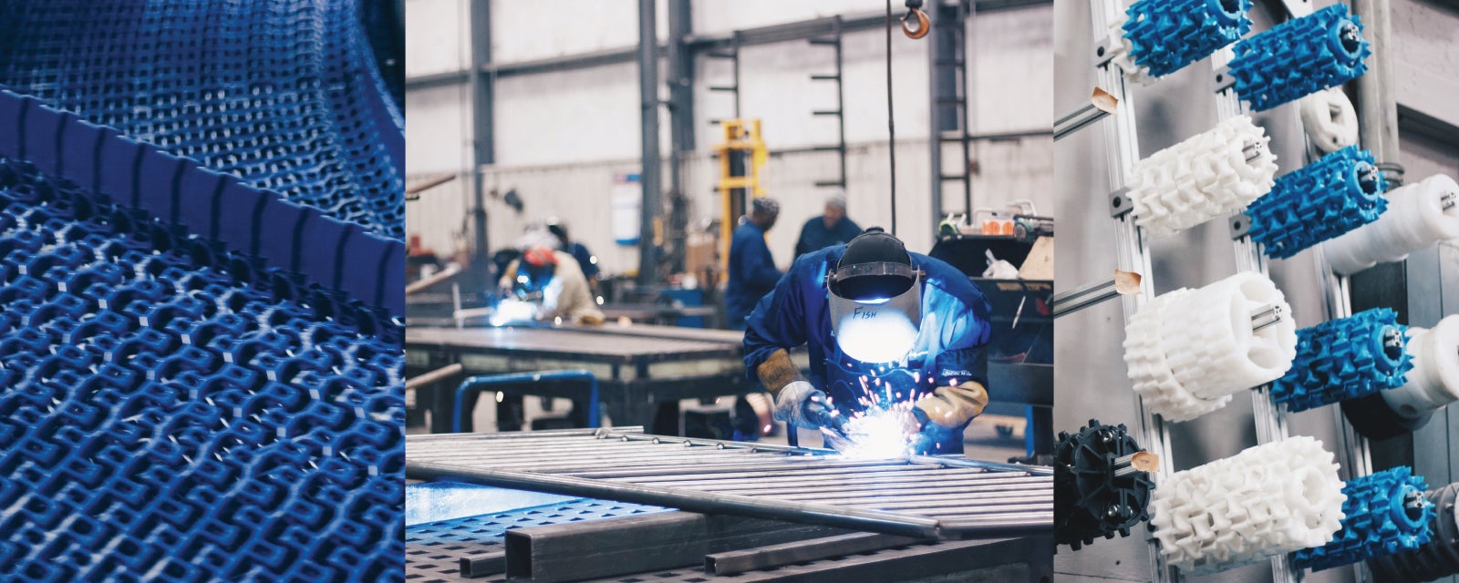 A collage with modular plastic belts, a worker in a welding mask, and sprockets