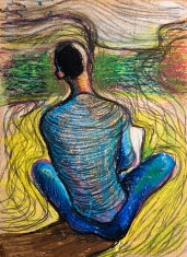 Artistic color pencil drawing of man sitting facing away.