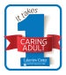 A blue and red graphic on white background that says It Takes 1 Caring Adult.