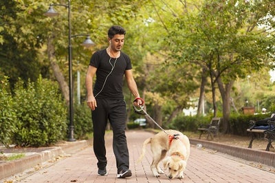 Young man with headphones walking dog in a park.