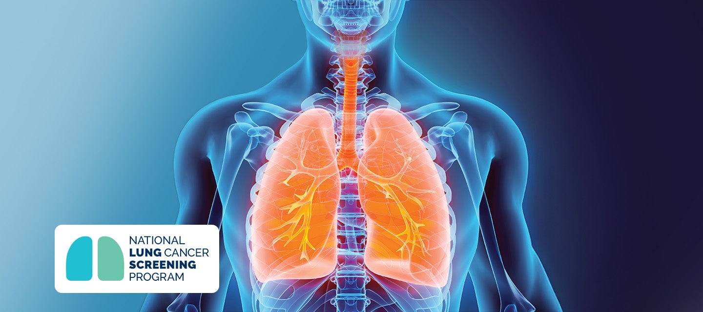 Stylised x-ray image of male torso with lungs highlighted.