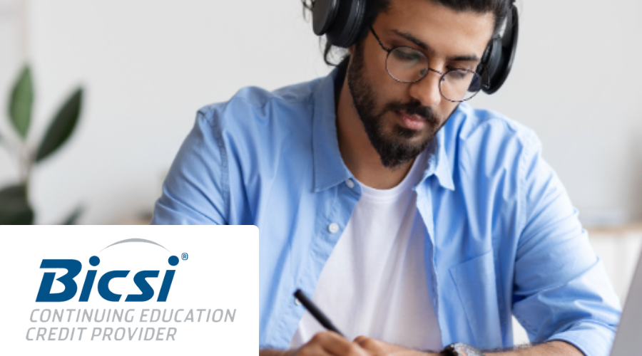 A person wearing headphones writing notes with the BICSI Continuing Education logo in the corner.