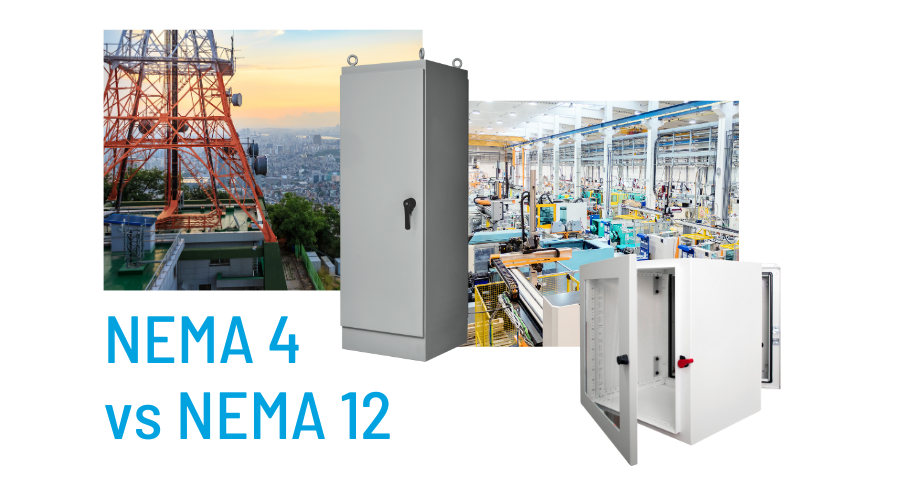 Comparison of NEMA 4 vs. NEMA 12 enclosures shown in outdoor and indoor settings.