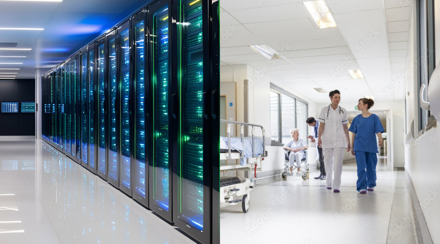A split image showing a modern data center on one side and a busy healthcare hallway with staff and patients on the other