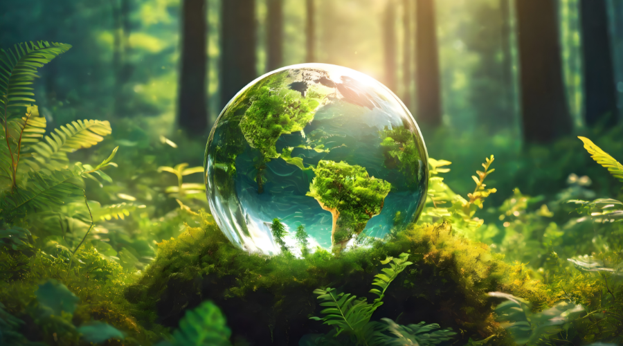 Globe covered in moss and greenery, symbolizing environmental sustainability, resting on a forest floor with sunlight filtering through the trees.