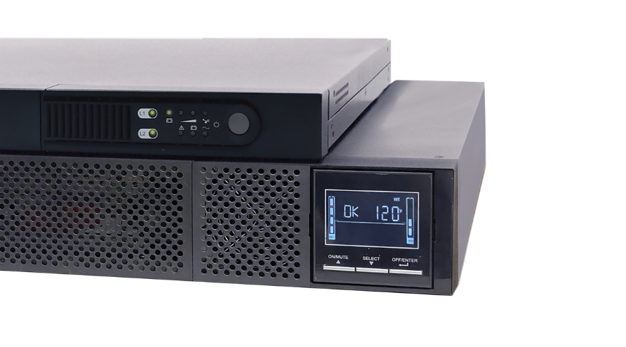 Close-up of an uninterruptible power supply (UPS) unit displaying power status on a digital screen.