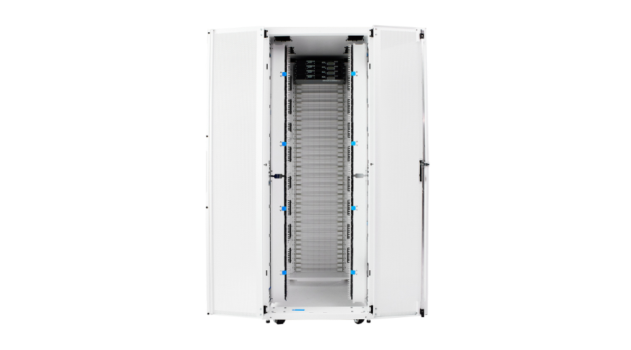 Open white data center cabinet showcasing an organized and efficient internal layout.