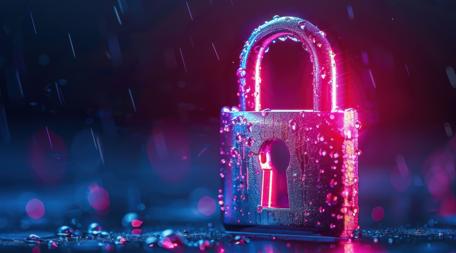 Close-up of a padlock glowing with neon pink and blue light in the rain.