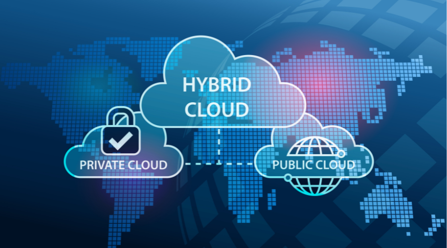 Graphic representation of hybrid cloud infrastructure connecting private and public clouds over a digital world map background.