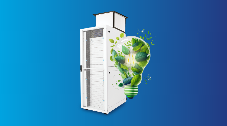 White data center cabinet with a vertical exhaust duct next to a green, eco-themed lightbulb on a blue background.