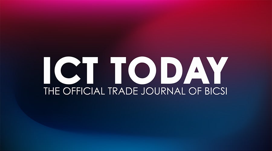 Text on a dark gradient background reads, ICT Today: The Official Trade Journal of BICSI. The background transitions from deep blue to red.