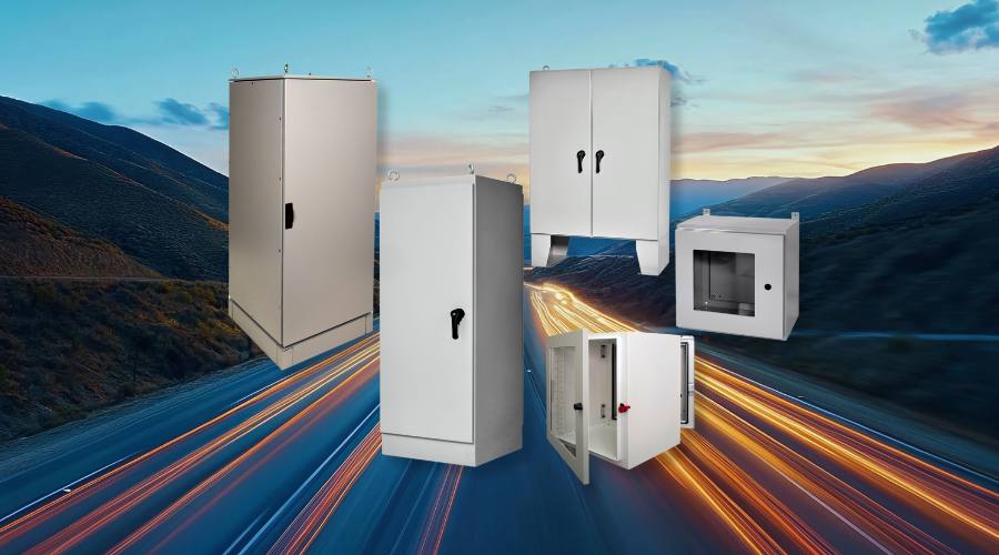 Various outdoor enclosures displayed against a dynamic highway background, representing broadband expansion solutions.