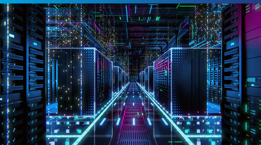 A modern data center with glowing server racks illuminated by vibrant blue, pink, and green lights, creating a high-tech and futuristic ambiance.