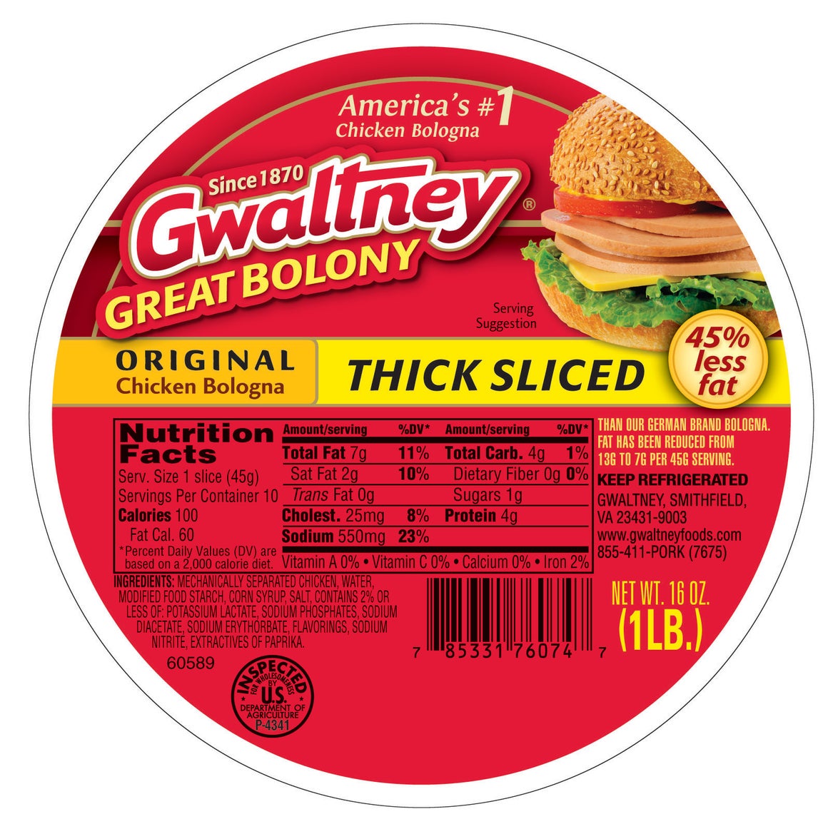 Thick Sliced Original Chicken Bologna 16oz.