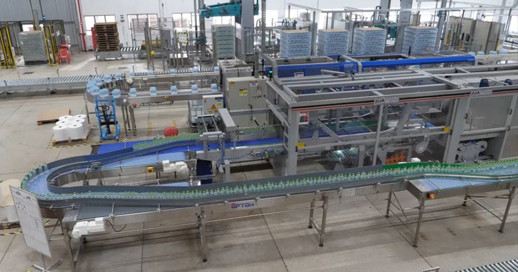 Overhead photo of radius conveyors for bottled water