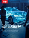 Silhouetted woman and man standing next to hologram of car. Text: "Accelerate the Launch of Greenfield EV Battery Plants: Overcome Traditional Challenges with Modern, Innovative Solutions"