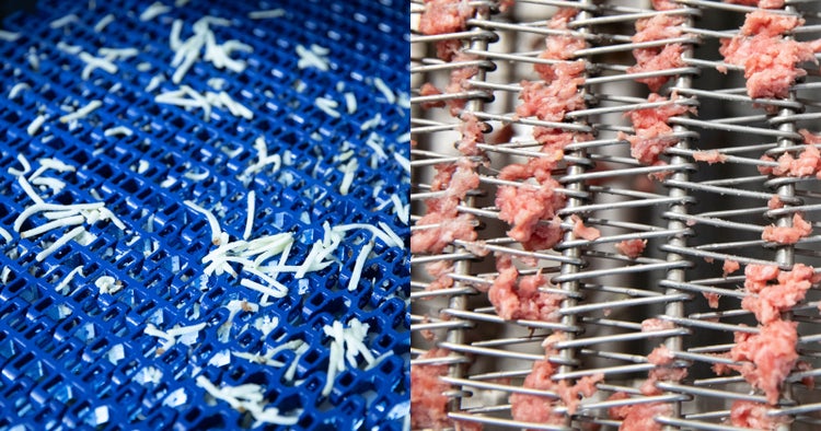 Photos accolées de résidus de produits alimentaires sur des tapis transporteurs en plastique et en métal
