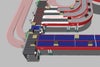 Renderização tridimensional da simulação de layout de linha de produção com caixas