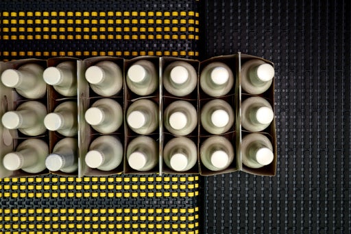 Overhead shot of bottles on Series 1000 rollers and accumulation belting