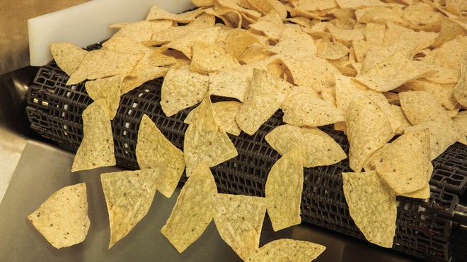 Tortilla chips on Series 900 Open Flush Grid belt