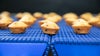 Mini muffins de mirtilo na esteira de transferência de precisão Série 560