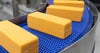 Blocks of cheese on Series 2400 Radius Belt with Heavy Duty Edge