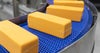 Blocks of cheese on Series 2400 Radius Belt with Heavy Duty Edge