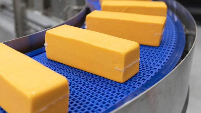 Blocks of cheese on Series 2400 Radius Belt with Heavy Duty Edge
