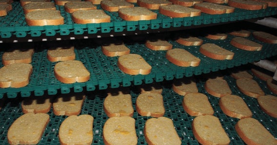 Rebanadas de pan tostado estilo Texas en cintas transportadoras verdes