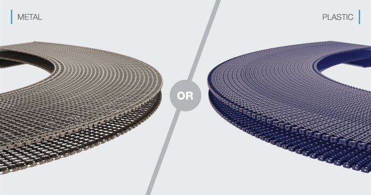 Metal spiral conveyor belt and plastic spiral conveyor belt side by side, text: "Metal OR Plastic"