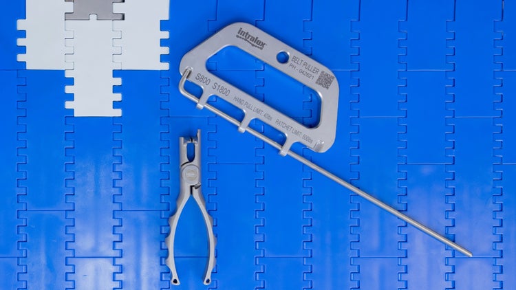 Intralox Rod Remover, Belt Puller, and Clean Release tools on blue conveyor belt